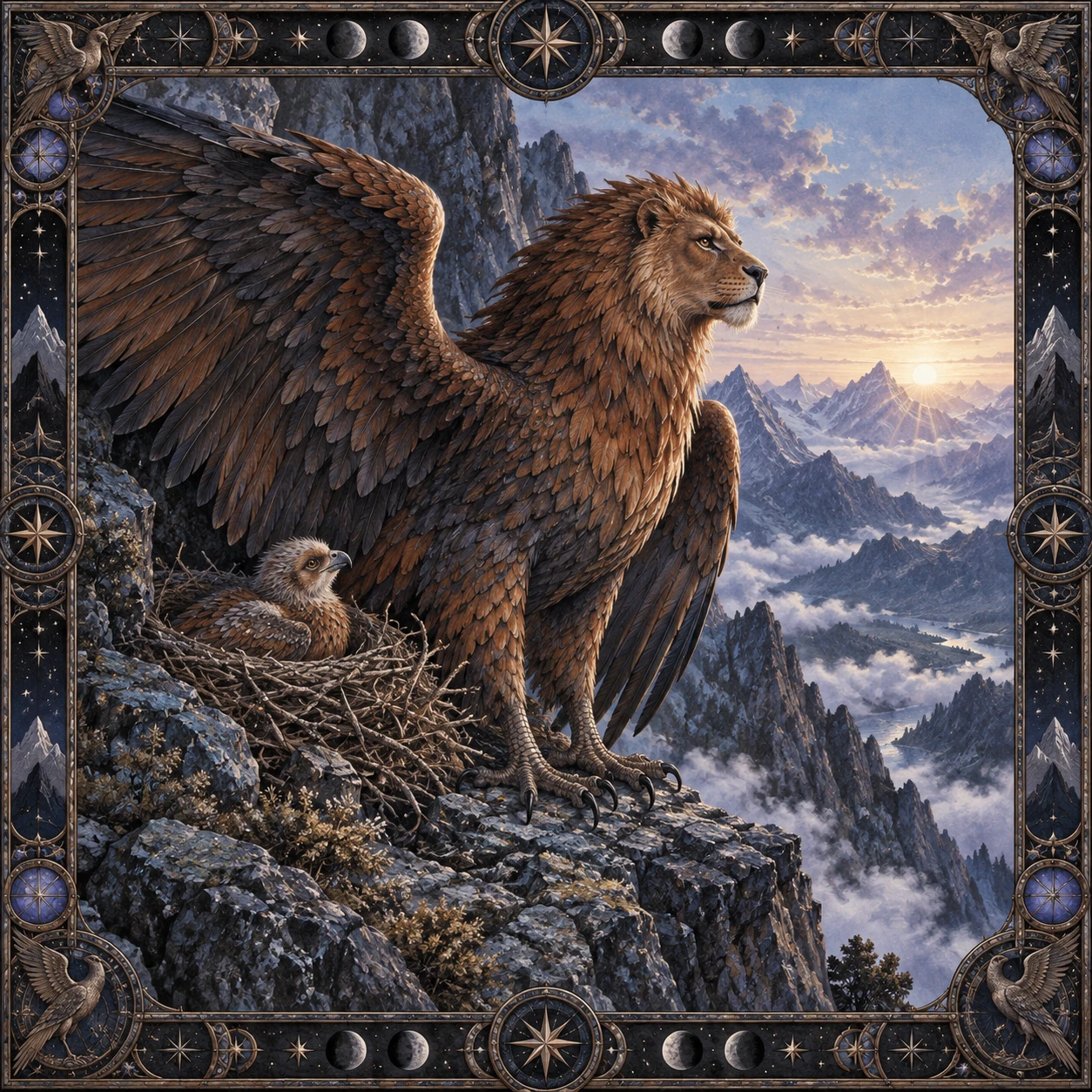 A lion-headed eagle spreads its wings beside a mountain nest.