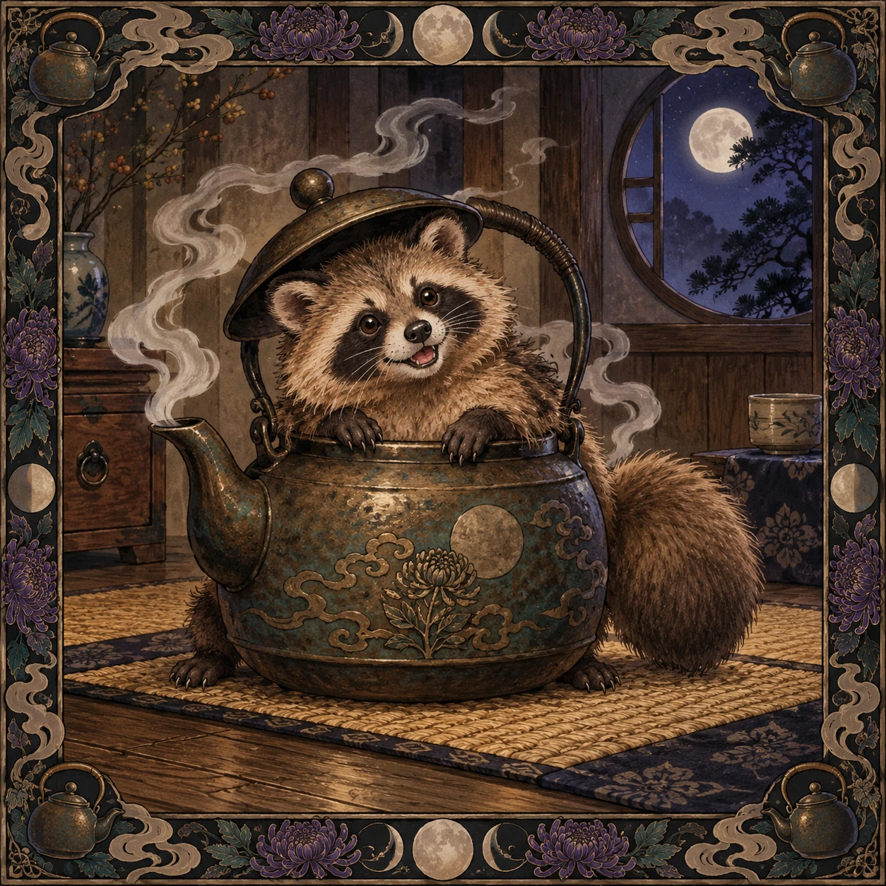 A furry tanuki face, paws and bushy tail emerge from a bronze tea kettle on a woven mat.