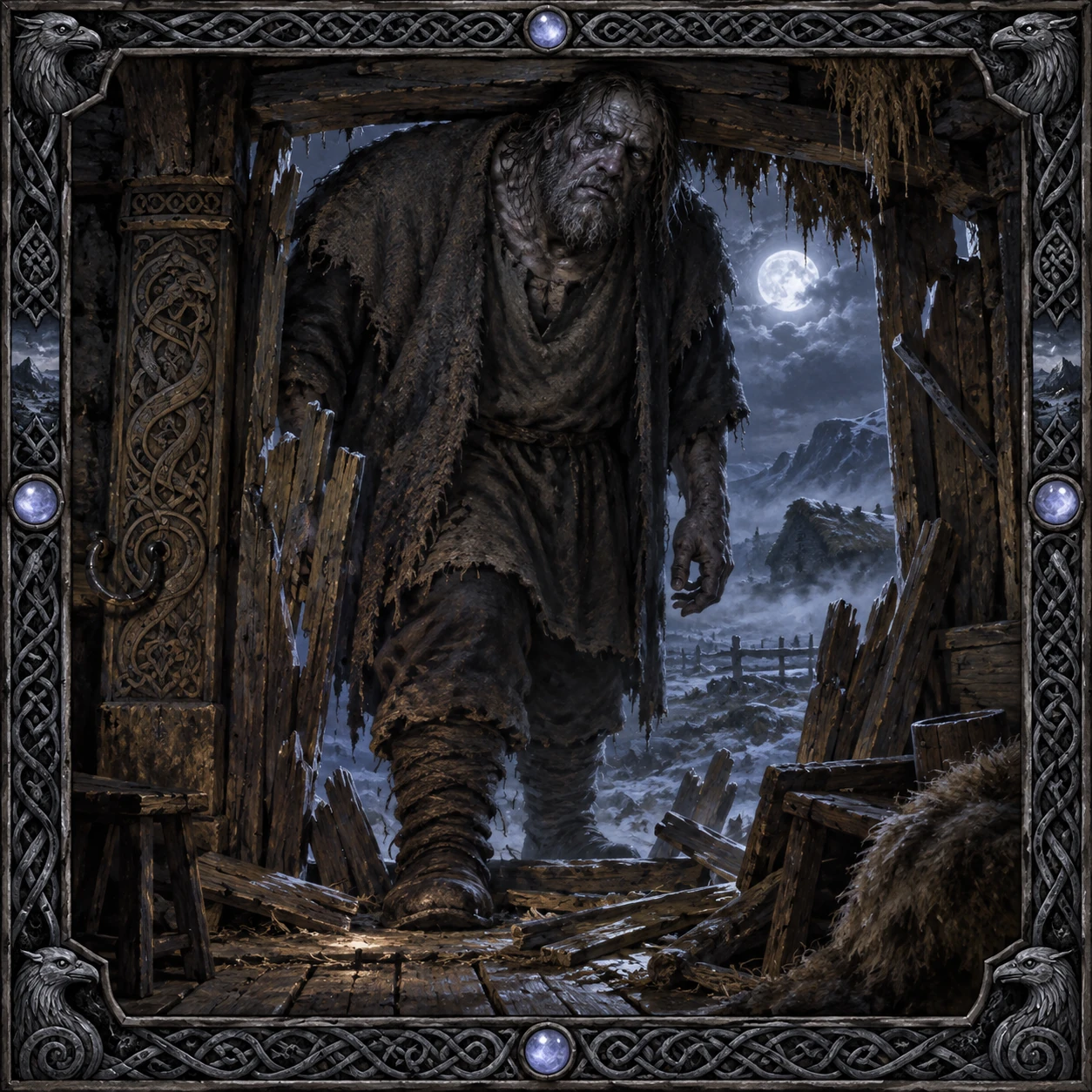 Huge dark blue-grey revenant shepherd crowding a broken farm doorway beneath moonlight.