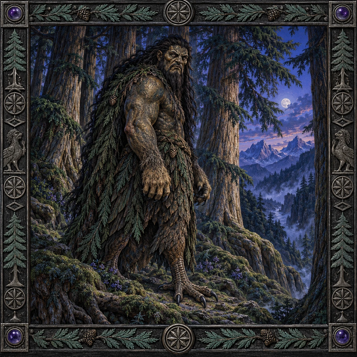 A fierce, long-haired guardian with lion-like paws and bird-like feet stands among ancient cedars.