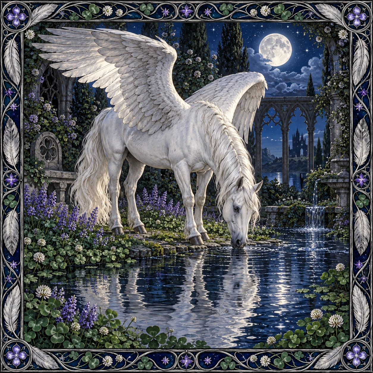 A white winged horse lowers its head toward a clover-edged spring.