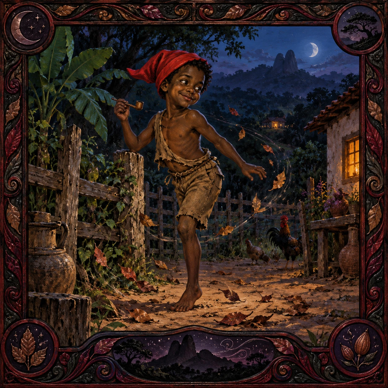 A small one-legged trickster in a red cap balances beside a country yard while leaves whirl around him.
