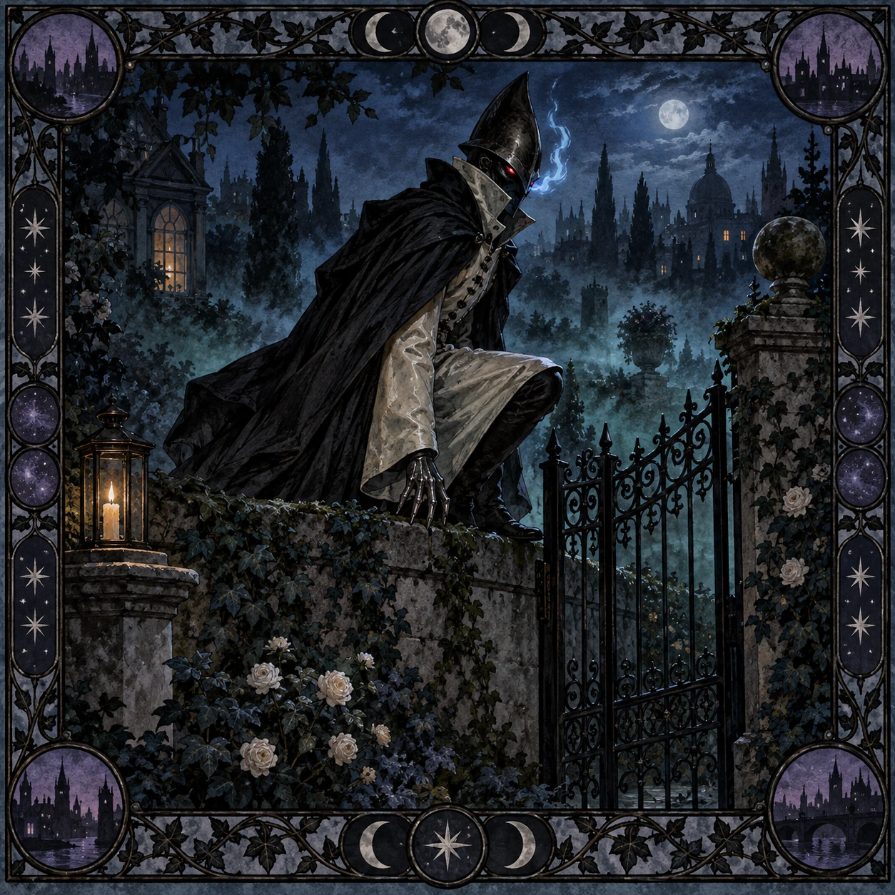 Helmeted cloaked visitor poised beside a dark garden gate with blue-white glimmer.