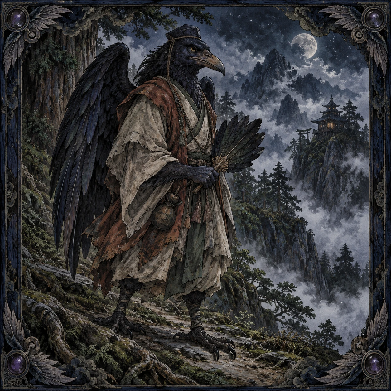 A winged, beaked mountain figure holds a feather fan beneath cedar trees.