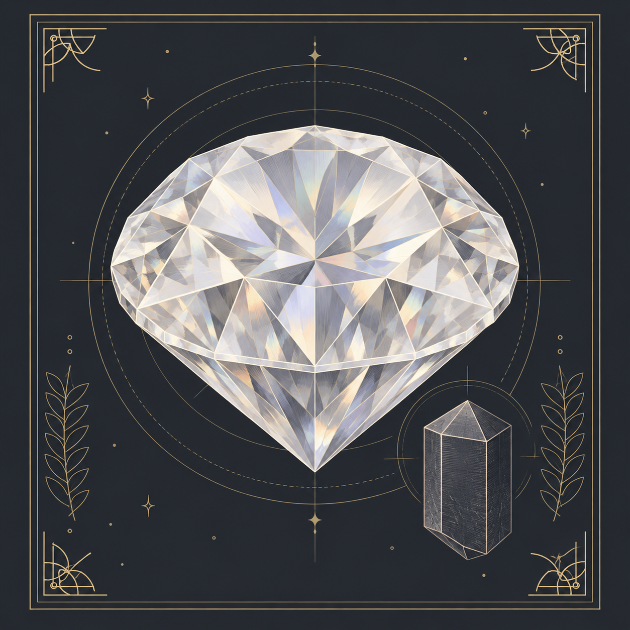 Square illustration of a laboratory-created faceted moissanite gem beside a small schematic silicon carbide crystal; the large gem does not represent a mined natural specimen.