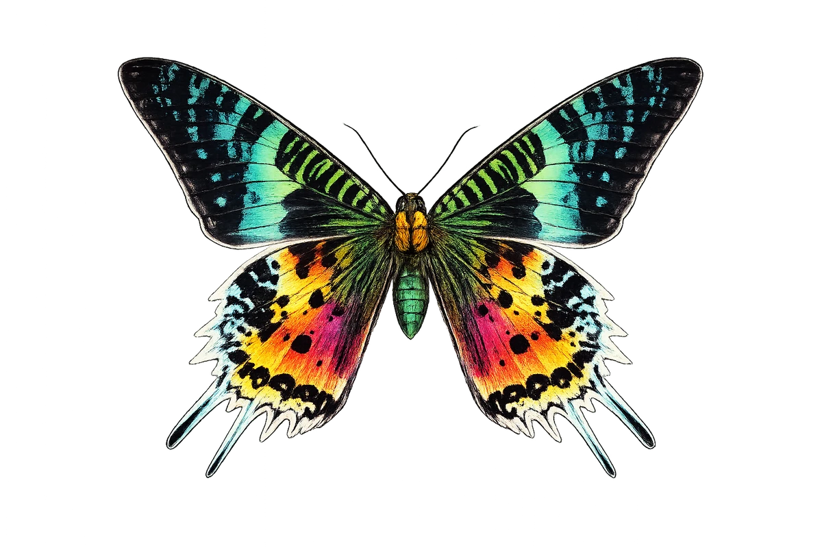 Open-wing ventral study in Scott Schubr’s Chrysiridia rhipheus artwork.