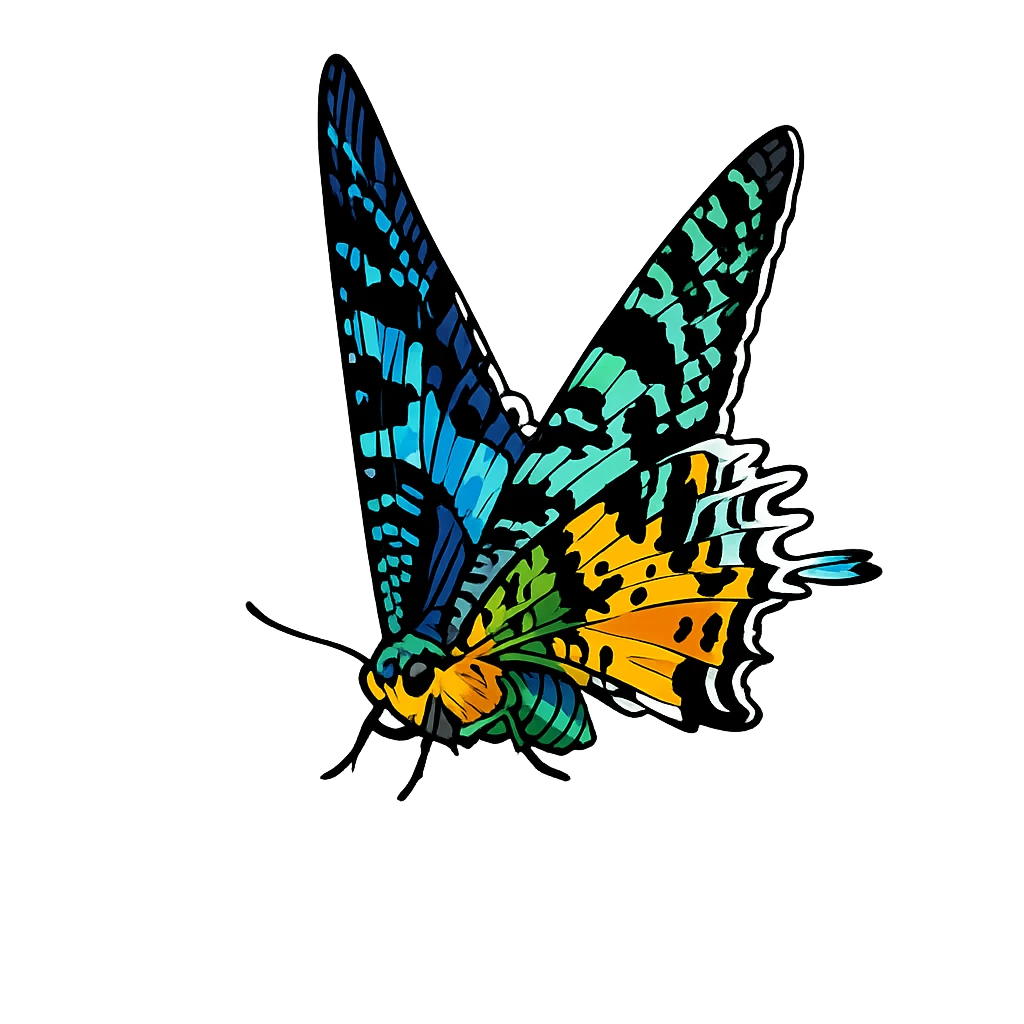 Front-facing folded-wing study in Scott Schubr’s Chrysiridia rhipheus artwork.
