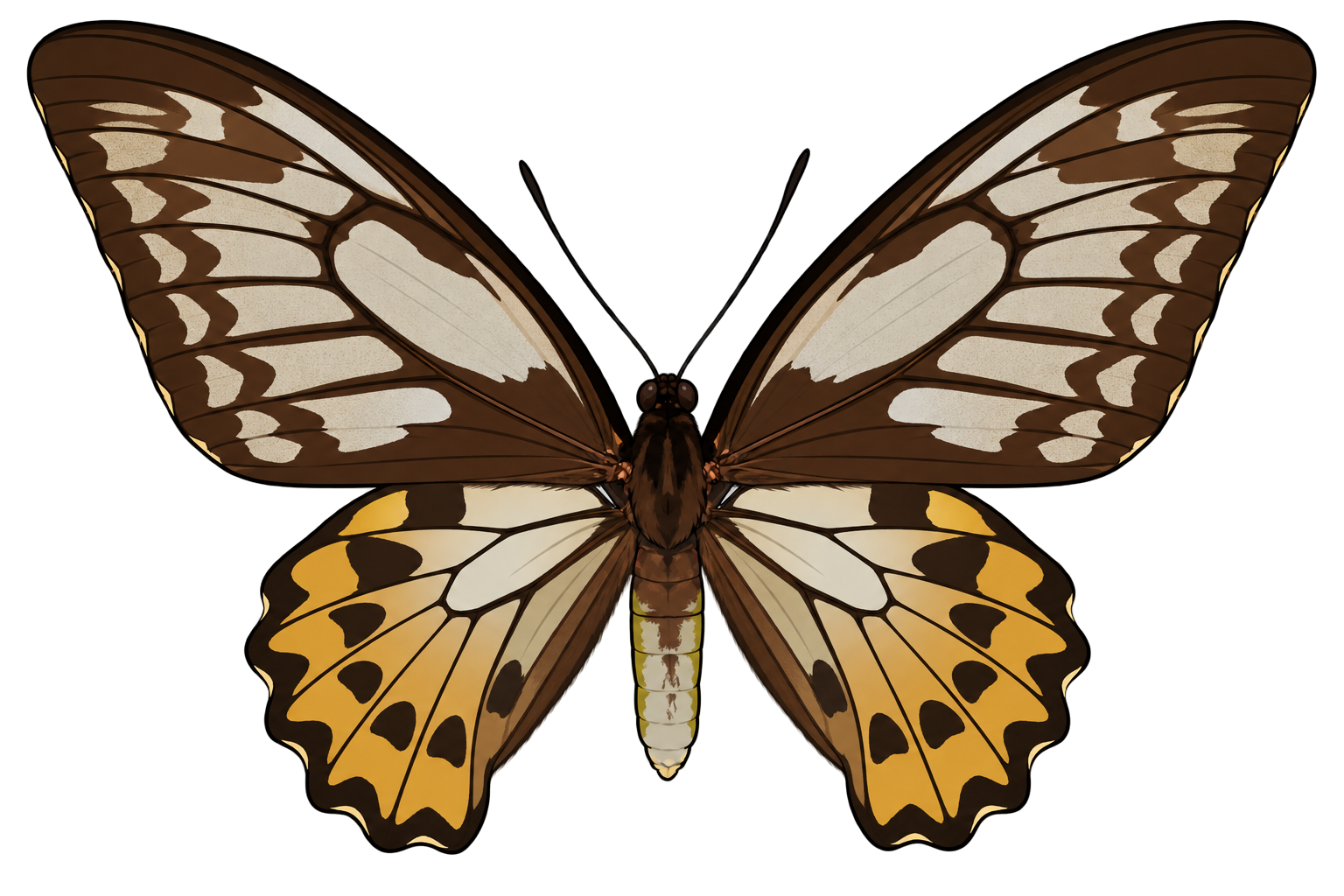 Ornithoptera priamus urvillianus, female dorsal view